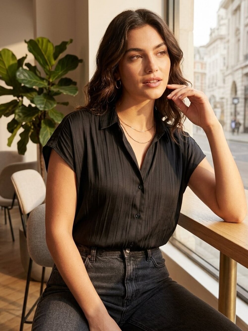 NWT Nine West Black Satin Stripe Short Sleeve Camp Collar Blouse - XXL